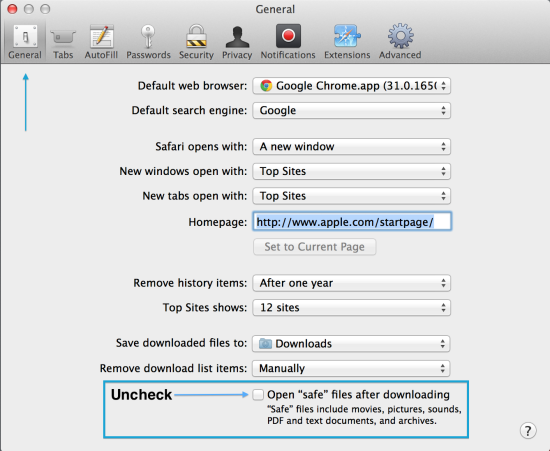 Uncheck Safari Open Files